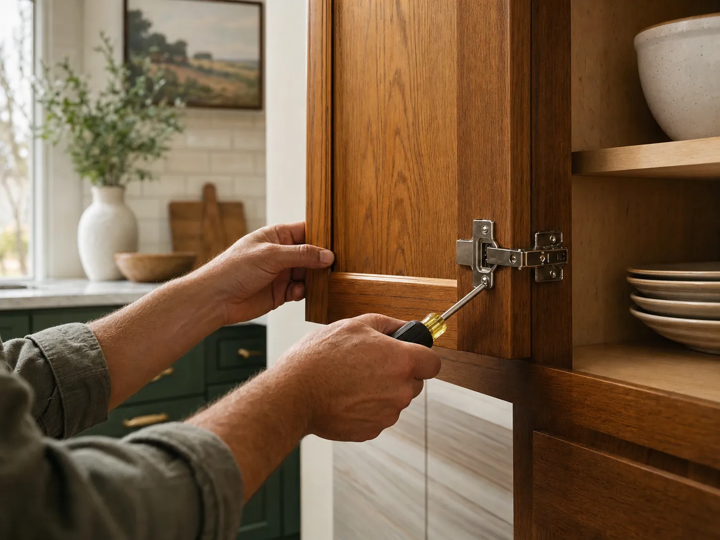 Craftsperson adjusting a wood cabinet hinge