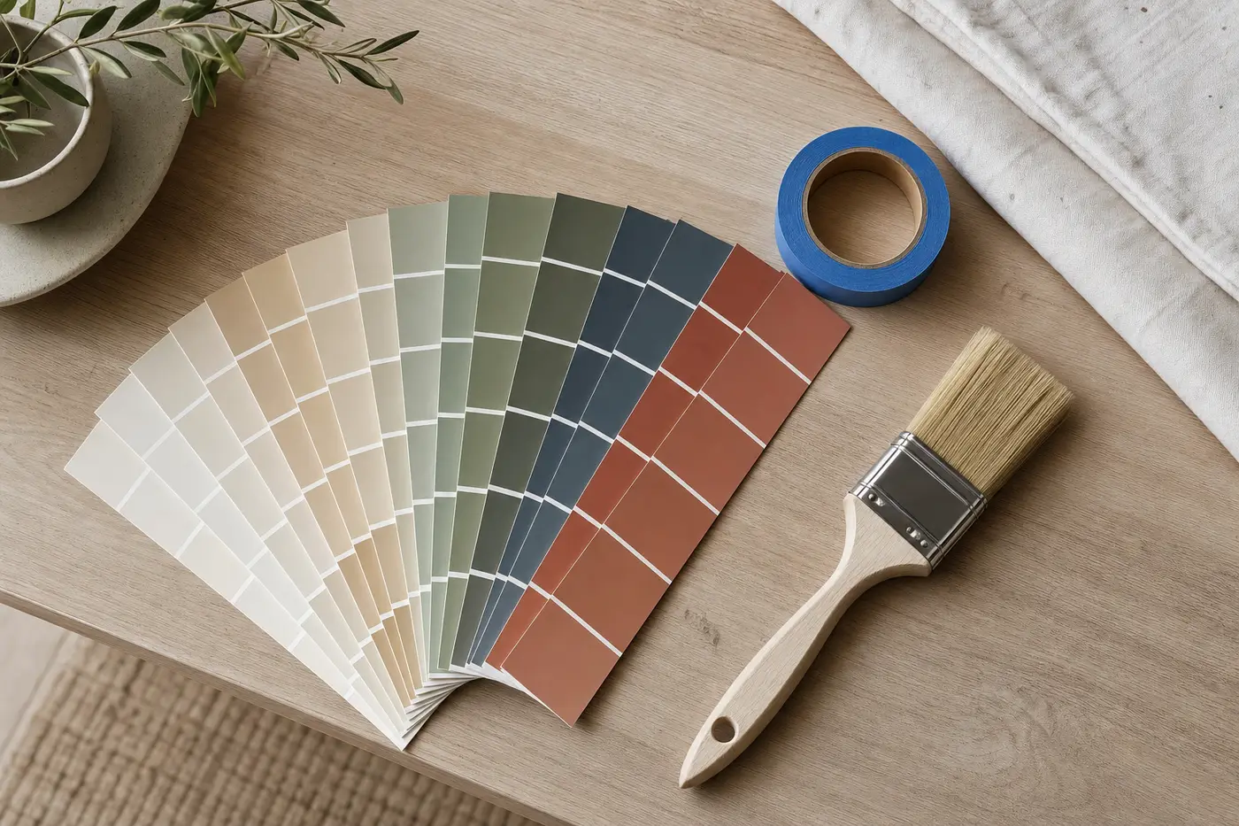 Fan of paint color sample cards in neutrals, greens, blues and terracotta beside a sash brush and painter tape