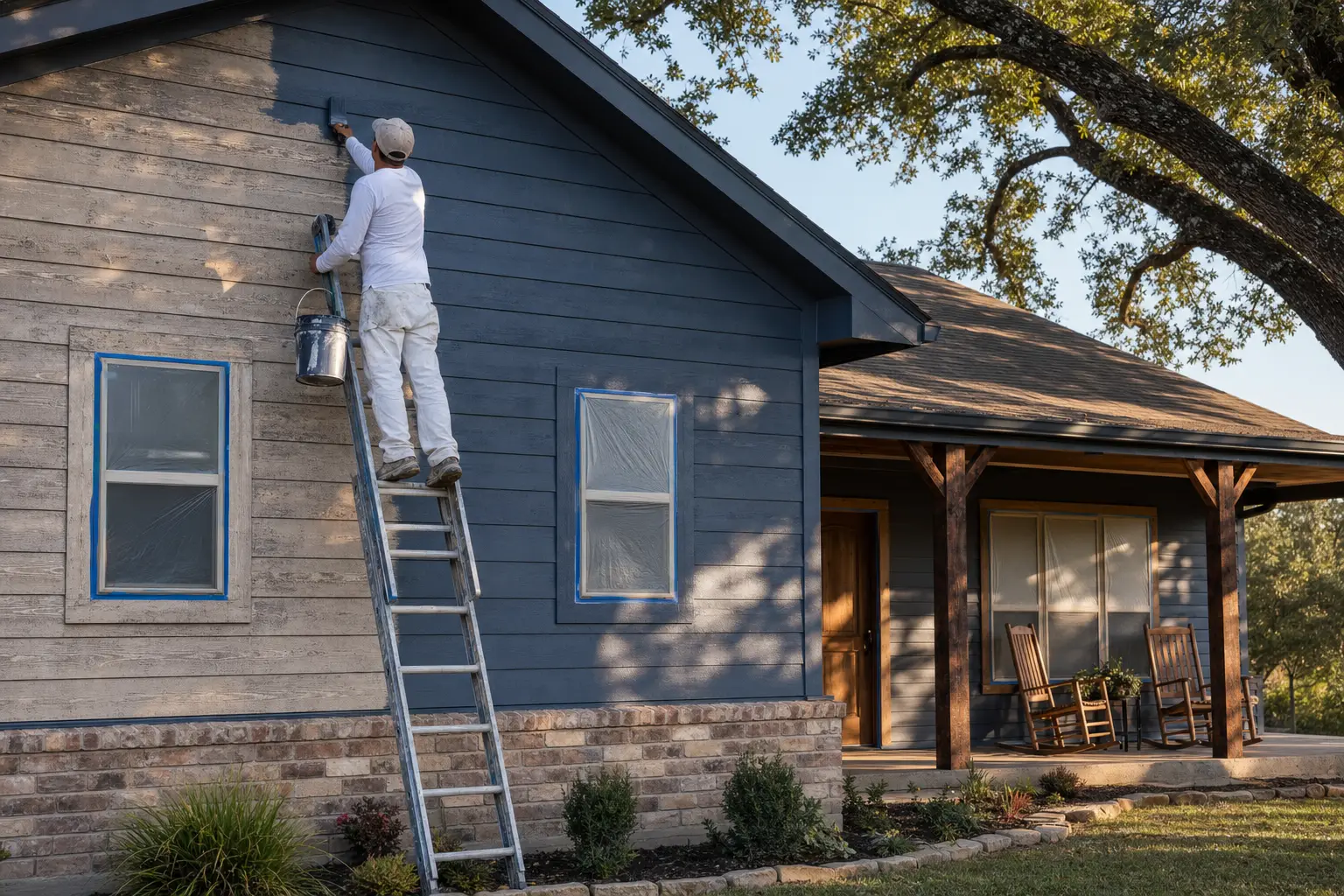 Painter on a ladder brushing new slate-blue paint onto the siding of a Texas ranch home, half old color and half new
