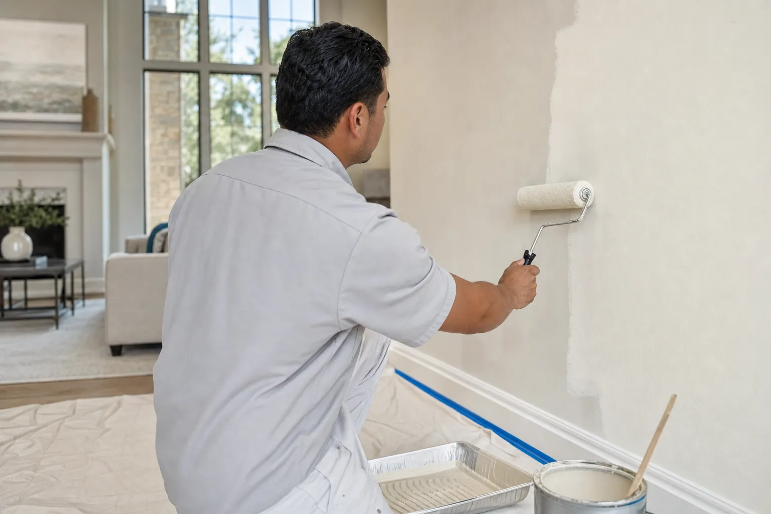 Painter rolling a fresh coat of warm white paint onto a living room wall in a bright Fort Worth home