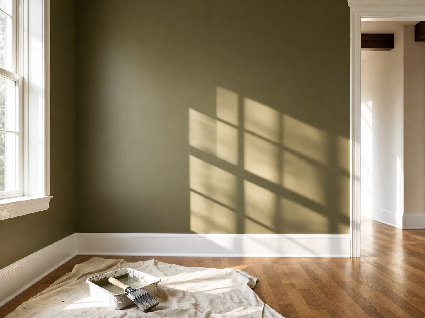 Freshly painted olive interior wall with crisp white trim