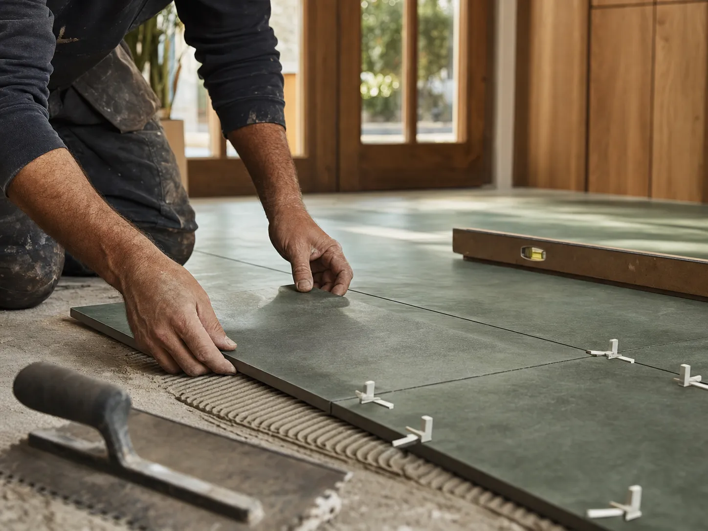 Craftsperson setting large-format floor tile